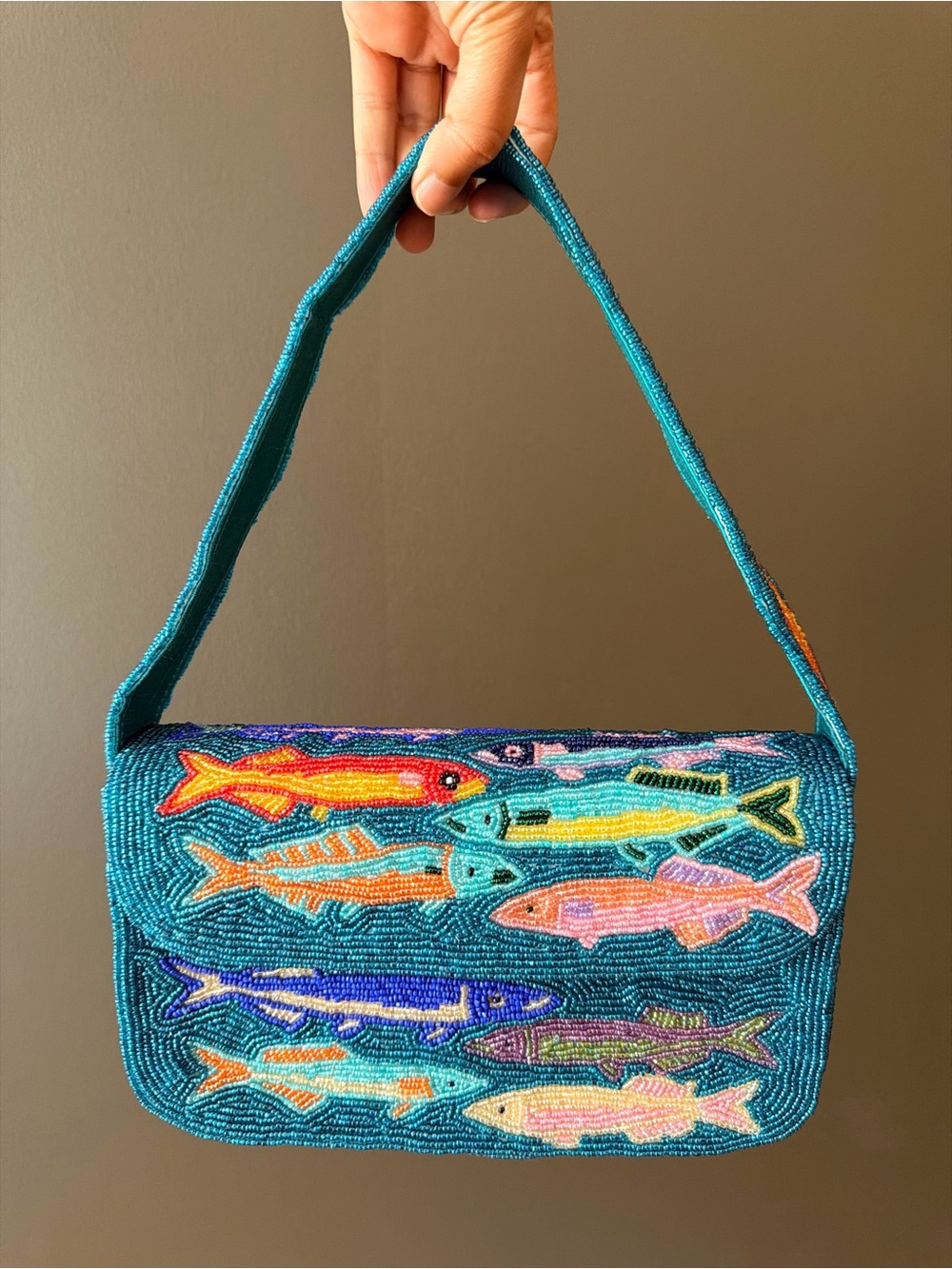 Hand-Beaded Fish Clutch in Teal with Multi-Color Fish Motif - Picture 4 of 8